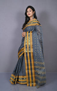 Designer Metro Nakshi Border Bengal Tangail Hazar Butti Cotton Saree in Davy Grey and Reef Gold