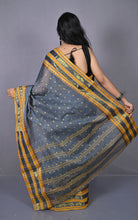 Designer Metro Nakshi Border Bengal Tangail Hazar Butti Cotton Saree in Davy Grey and Reef Gold