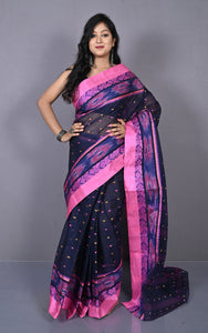 Designer Paisley Woven Nakshi Kotki Border with Polka Dots Butti Bengal Cotton Saree in Midnight Blue, Admiral Blue, Pink and Beige