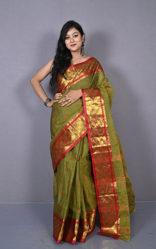 Bengal Tangail Hazar Butti Jacket Zari Nakshi Golden Border Cotton Saree in Muddy Green and Red Brown