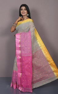 Designer Bengal Tangail Hazar Butti Cotton Saree in Greige, Yellow and Pink