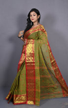 Bengal Tangail Hazar Butti Jacket Zari Nakshi Golden Border Cotton Saree in Muddy Green and Red Brown