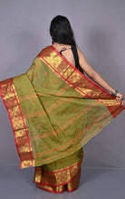 Bengal Tangail Hazar Butti Jacket Zari Nakshi Golden Border Cotton Saree in Muddy Green and Red Brown