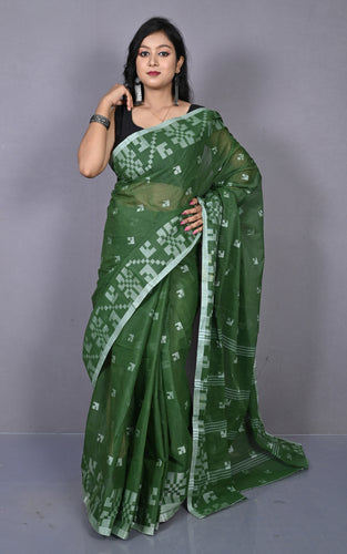 Designer Bengal Tangail with Block Geometric Work Cotton Saree in Pine Green and Off White
