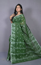 Designer Bengal Tangail with Block Geometric Work Cotton Saree in Pine Green and Off White