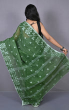 Designer Bengal Tangail with Block Geometric Work Cotton Saree in Pine Green and Off White