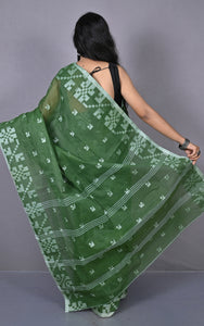 Designer Bengal Tangail with Block Geometric Work Cotton Saree in Pine Green and Off White