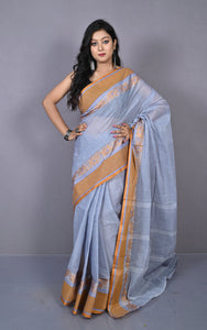 Designer Bengal Tangail Self Nakshi Katha Thread Work Cotton Saree in Icy Grey, Brown and Blue
