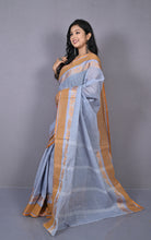 Designer Bengal Tangail Self Nakshi Katha Thread Work Cotton Saree in Icy Grey, Brown and Blue
