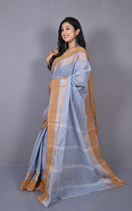 Designer Bengal Tangail Self Nakshi Katha Thread Work Cotton Saree in Icy Grey, Brown and Blue