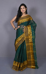 Stripe Border with Paisley Nakshi Work Bengal Tangail Hazar Butti Cotton Saree in Pthalo Green, Black and Golden Yellow