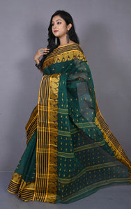 Stripe Border with Paisley Nakshi Work Bengal Tangail Hazar Butti Cotton Saree in Pthalo Green, Black and Golden Yellow
