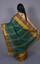 Stripe Border with Paisley Nakshi Work Bengal Tangail Hazar Butti Cotton Saree in Pthalo Green, Black and Golden Yellow