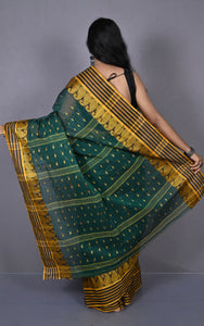 Stripe Border with Paisley Nakshi Work Bengal Tangail Hazar Butti Cotton Saree in Pthalo Green, Black and Golden Yellow
