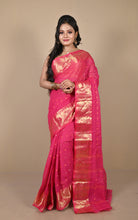 Bengal Tangail Hazar Butti Jacket Zari Nakshi Golden Border Cotton Saree in Cerise Pink. Yellow and Golden