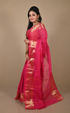 Bengal Tangail Hazar Butti Jacket Zari Nakshi Golden Border Cotton Saree in Cerise Pink. Yellow and Golden