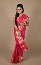 Bengal Tangail Hazar Butti Jacket Zari Nakshi Golden Border Cotton Saree in Cerise Pink. Yellow and Golden