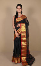 Bengal Tangail Hazar Butti Jacket Zari Nakshi Golden Border Cotton Saree in Black. Red and Golden