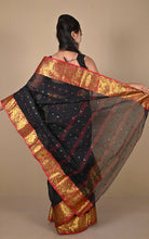 Bengal Tangail Hazar Butti Jacket Zari Nakshi Golden Border Cotton Saree in Black. Red and Golden