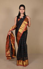 Bengal Tangail Hazar Butti Jacket Zari Nakshi Golden Border Cotton Saree in Black. Red and Golden