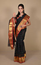 Bengal Tangail Hazar Butti Jacket Zari Nakshi Golden Border Cotton Saree in Black. Red and Golden
