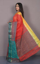 Designer Bengal Tangail Hazar Butti Cotton Saree in Orange, Yellow and Teal Green