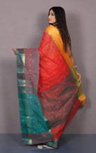 Designer Bengal Tangail Hazar Butti Cotton Saree in Orange, Yellow and Teal Green