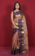 Designer Bengal Tangail Hazar Butti Cotton Saree in Brown, Purple Blue and Golden