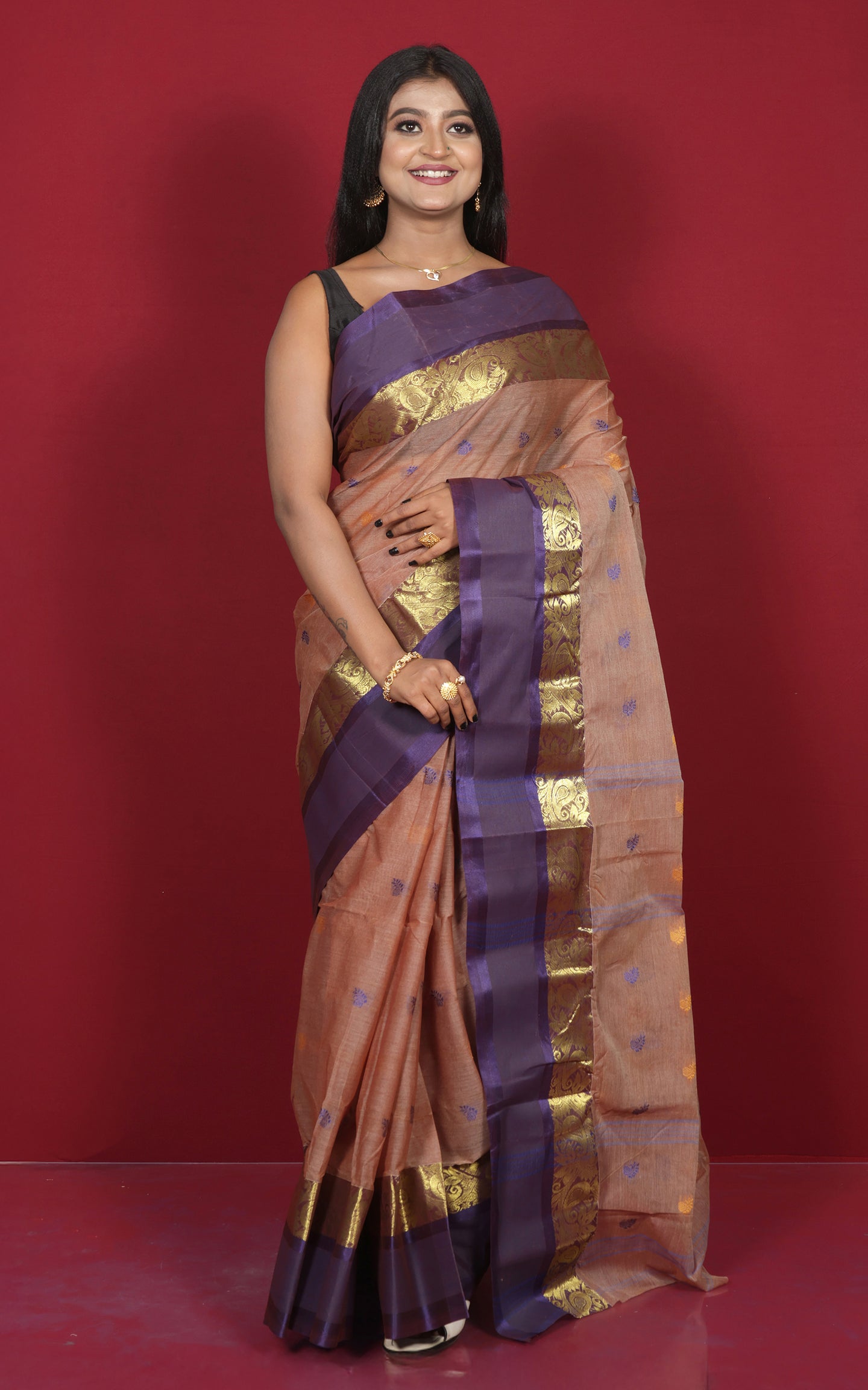 Designer Bengal Tangail Hazar Butti Cotton Saree in Brown, Purple Blue and Golden