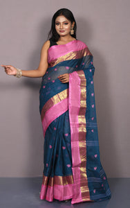 Designer Bengal Tangail Hazar Butti Cotton Saree in Midnight Blue and Pink