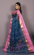 Designer Bengal Tangail Hazar Butti Cotton Saree in Midnight Blue and Pink