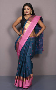 Designer Bengal Tangail Hazar Butti Cotton Saree in Midnight Blue and Pink