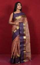 Designer Bengal Tangail Hazar Butti Cotton Saree in Brown, Purple Blue and Golden