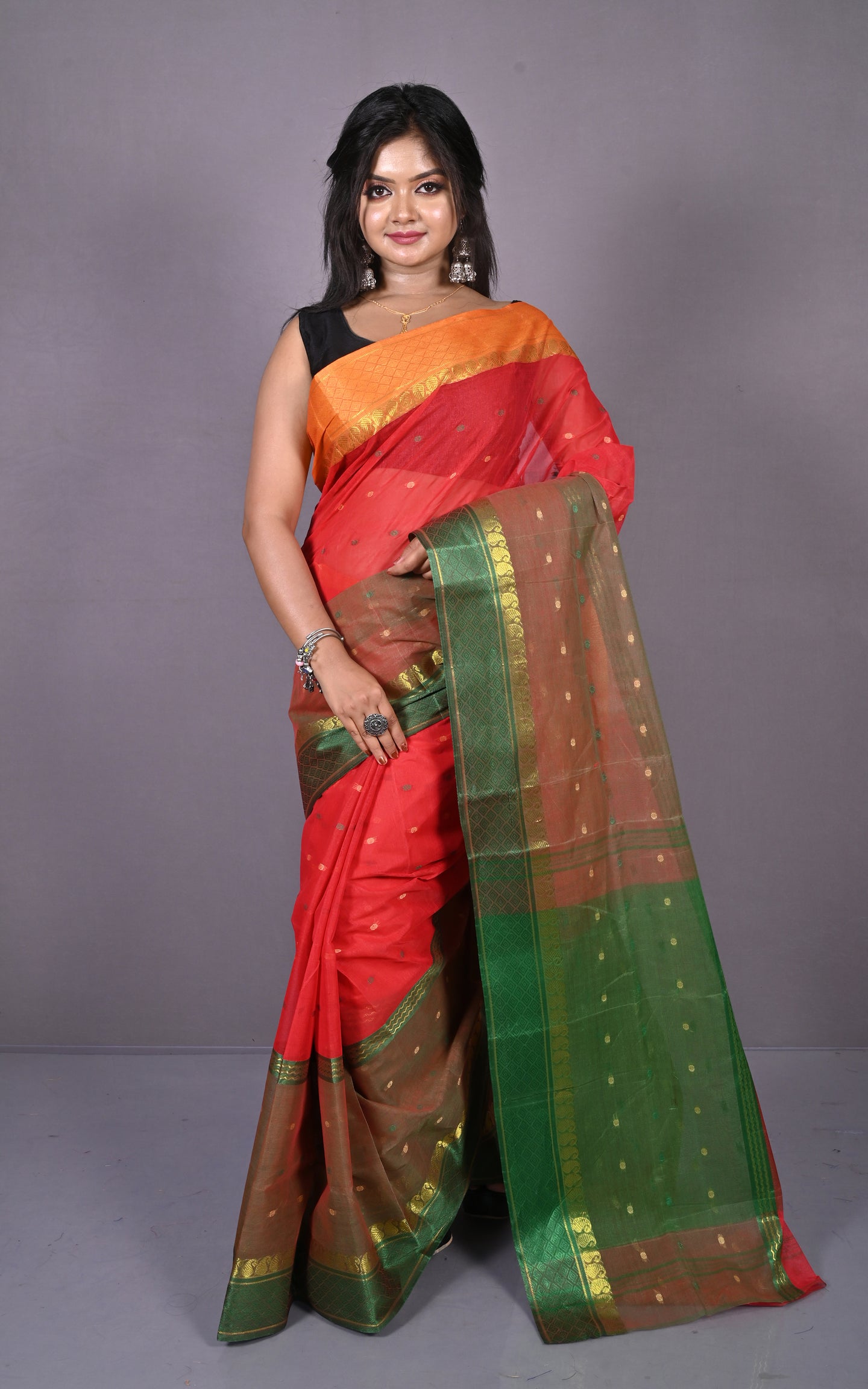 Designer Bengal Tangail Hazar Butti Cotton Saree in Red, Bottle Green and Warm Beige