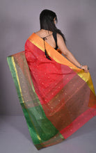 Designer Bengal Tangail Hazar Butti Cotton Saree in Red, Bottle Green and Warm Beige