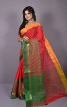 Designer Bengal Tangail Hazar Butti Cotton Saree in Red, Bottle Green and Warm Beige