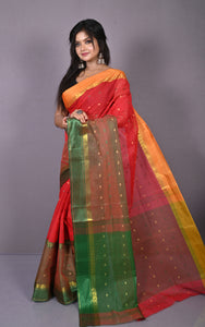 Designer Bengal Tangail Hazar Butti Cotton Saree in Red, Bottle Green and Warm Beige