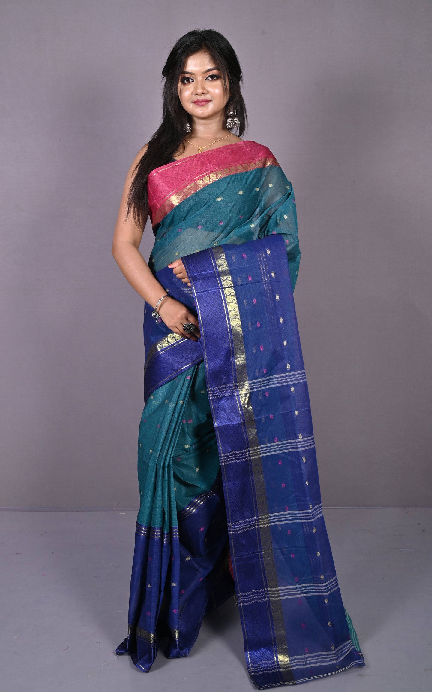 Designer Bengal Tangail Hazar Butti Cotton Saree in Peacock Green, Navy Blue and Cerise Pink
