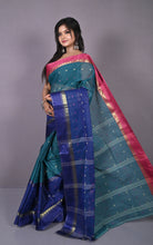 Designer Bengal Tangail Hazar Butti Cotton Saree in Peacock Green, Navy Blue and Cerise Pink