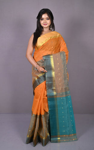Designer Bengal Tangail Hazar Butti Cotton Saree in Apricot, Teal Green and Beige