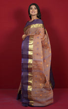 Designer Bengal Tangail Hazar Butti Cotton Saree in Brown, Purple Blue and Golden