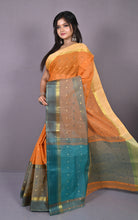 Designer Bengal Tangail Hazar Butti Cotton Saree in Apricot, Teal Green and Beige