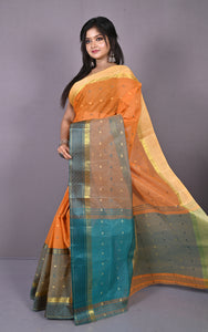 Designer Bengal Tangail Hazar Butti Cotton Saree in Apricot, Teal Green and Beige