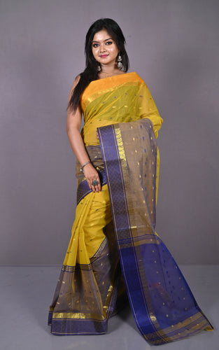 Designer Bengal Tangail Hazar Butti Cotton Saree in Olive Yellow, Navy Blue and Golden Yellow