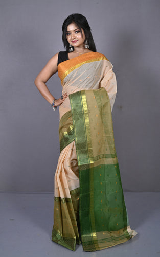 Designer Bengal Tangail Hazar Butti Cotton Saree in Beige and Dark Green