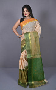 Designer Bengal Tangail Hazar Butti Cotton Saree in Beige and Dark Green