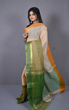 Designer Bengal Tangail Hazar Butti Cotton Saree in Beige and Dark Green