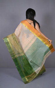 Designer Bengal Tangail Hazar Butti Cotton Saree in Beige and Dark Green