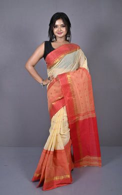 Designer Bengal Tangail Hazar Butti Cotton Saree in Cream and Red