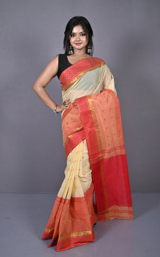 Designer Bengal Tangail Hazar Butti Cotton Saree in Cream and Red